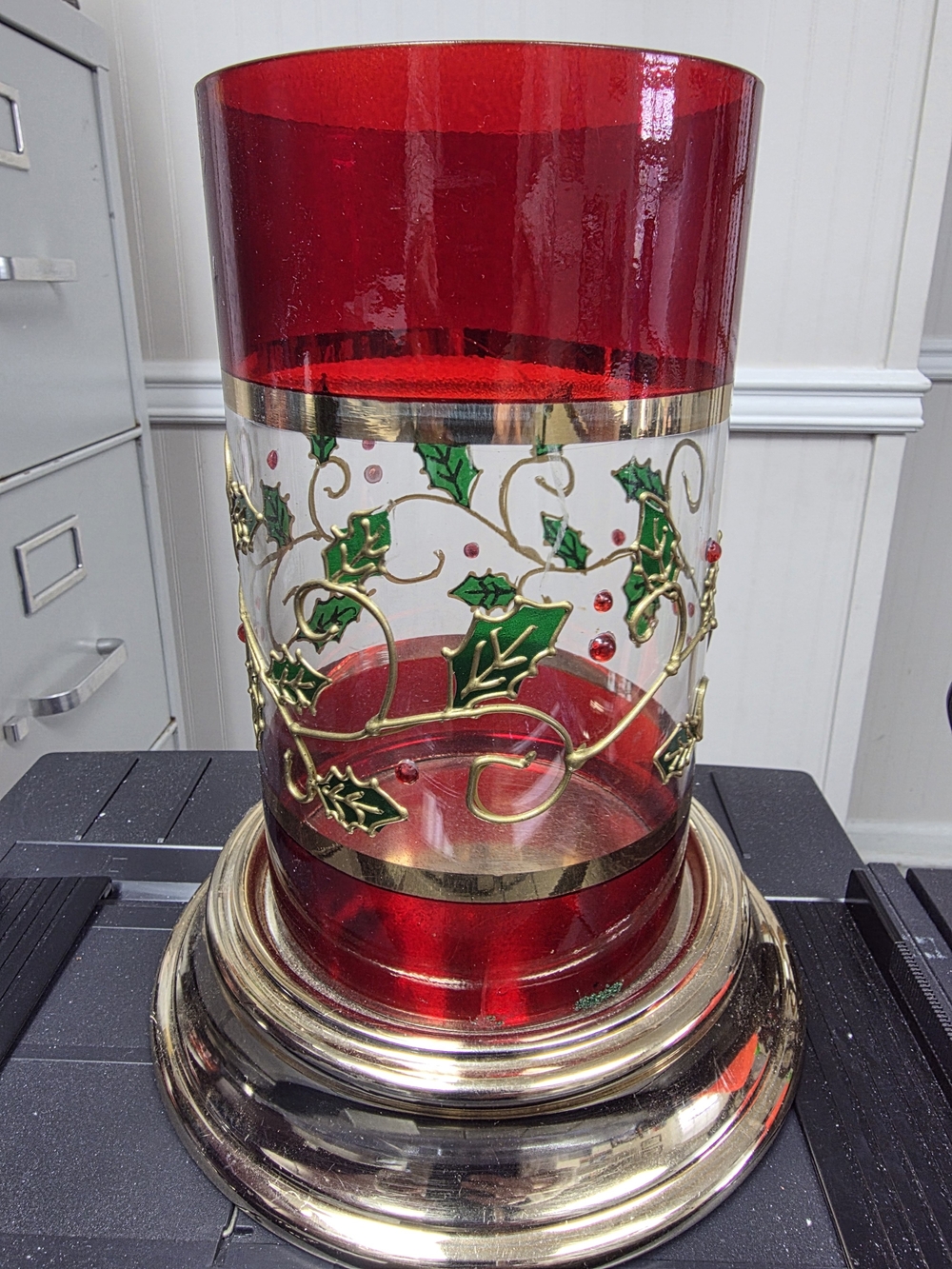 Festive Red Glass Hurricane Vase with Gold & Green Holly Accents